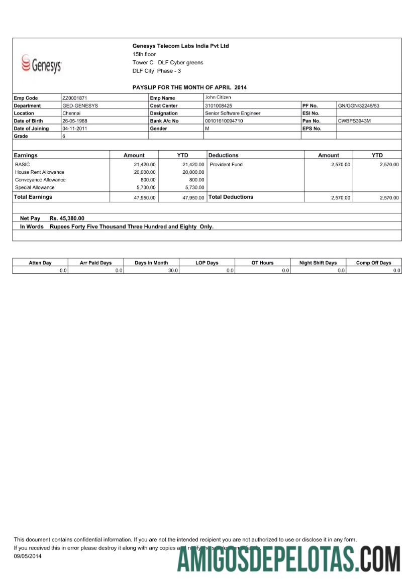 INDIA GENESYS Telecom Labs India Pvt Ltd Recibo de pagamento em formatos Word e PDF exemplo